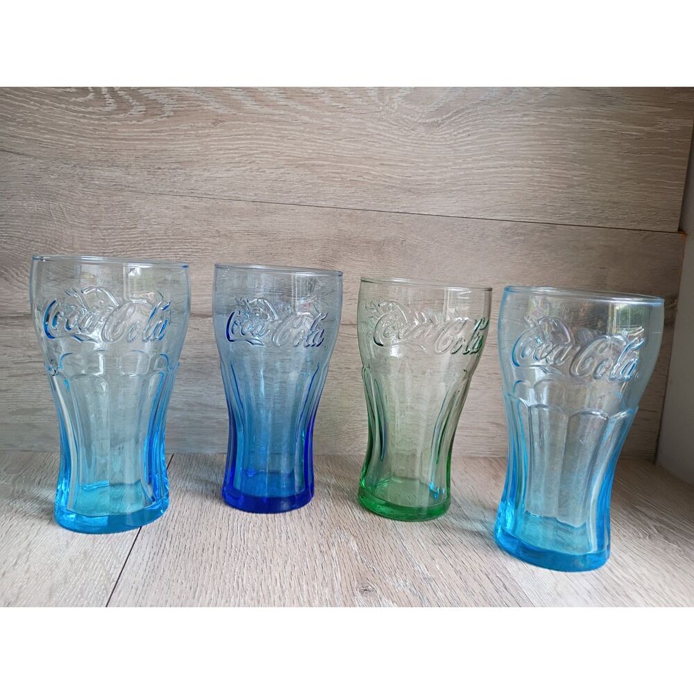 Vintage Coca-Cola Drinking Glass Set 14 oz Blue & Green Set of 4 Libbey USA